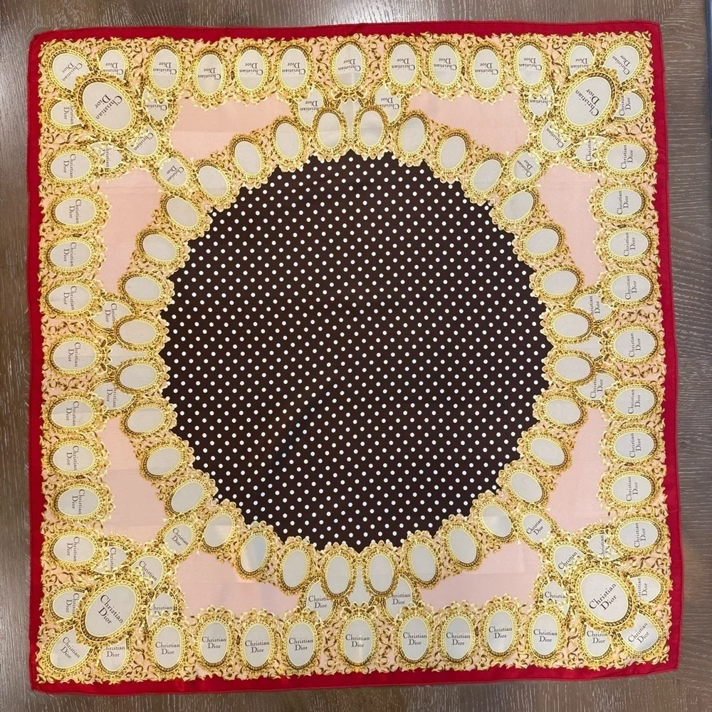 Authentic Christian Dior Brown and Gold Scarf with Red Trim